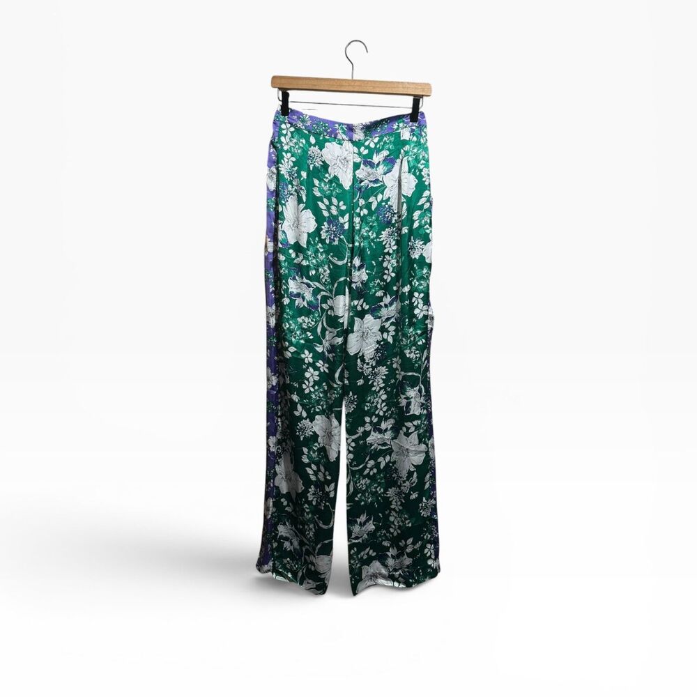 MNG Mango Satin Floral Garden Wide Leg Pants Green Purple Womens Medium Trousers